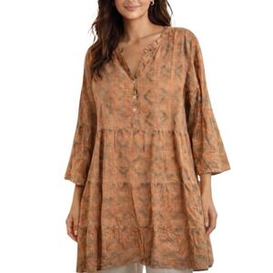 Rhea Orange Block Print Tunic Top Womens L/XL Tiered Boho Lagenlook  New